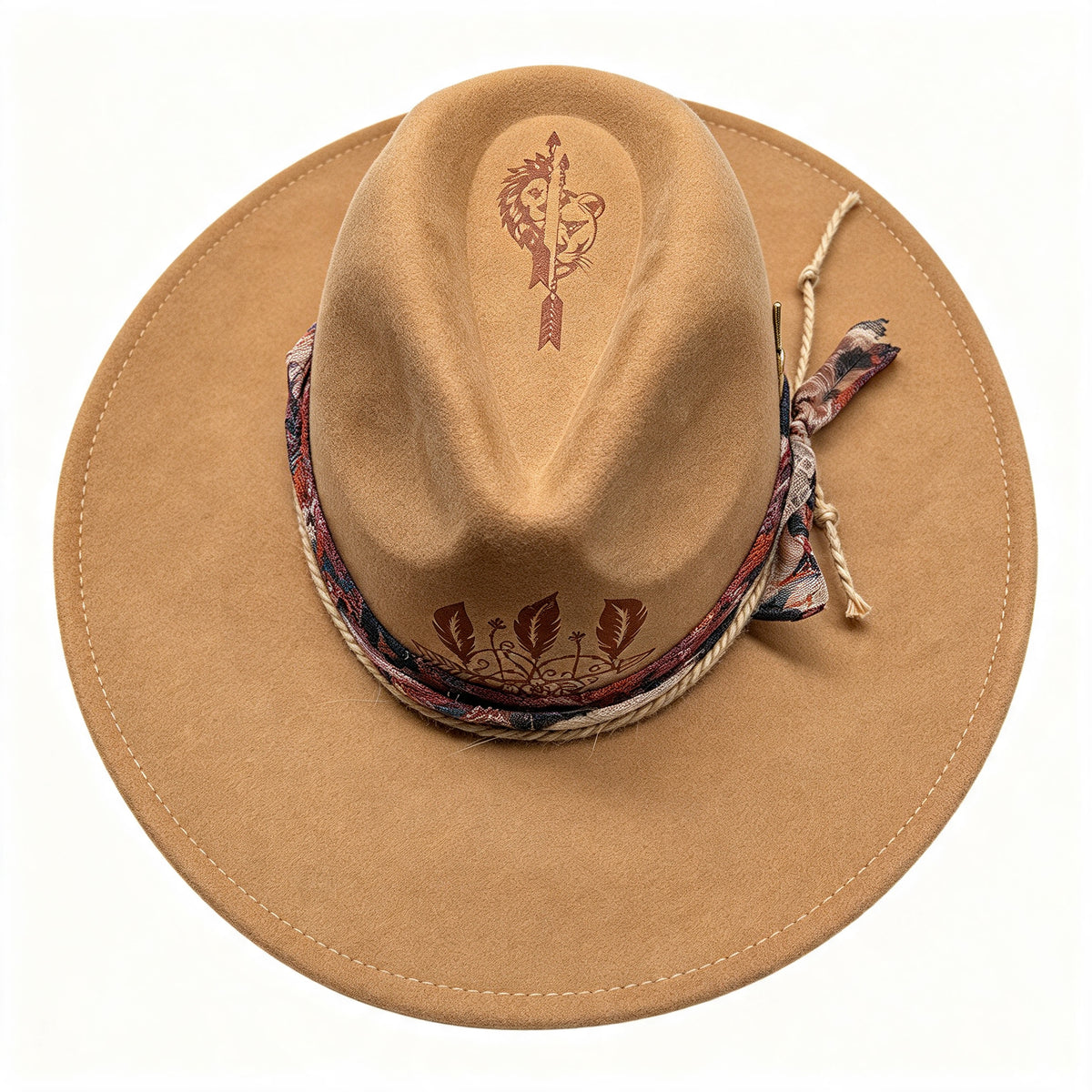 Dandelion – Wide Brim Suede Engraved Fedora Hat in Camel