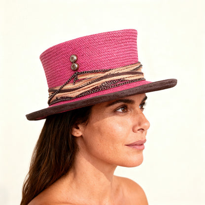 Fuchsia Straw Top Hat – Summer Rare Top Hat – handmade straw top hat by artisan Ruby Cantero, detail view 4 | Pokijomba Hats