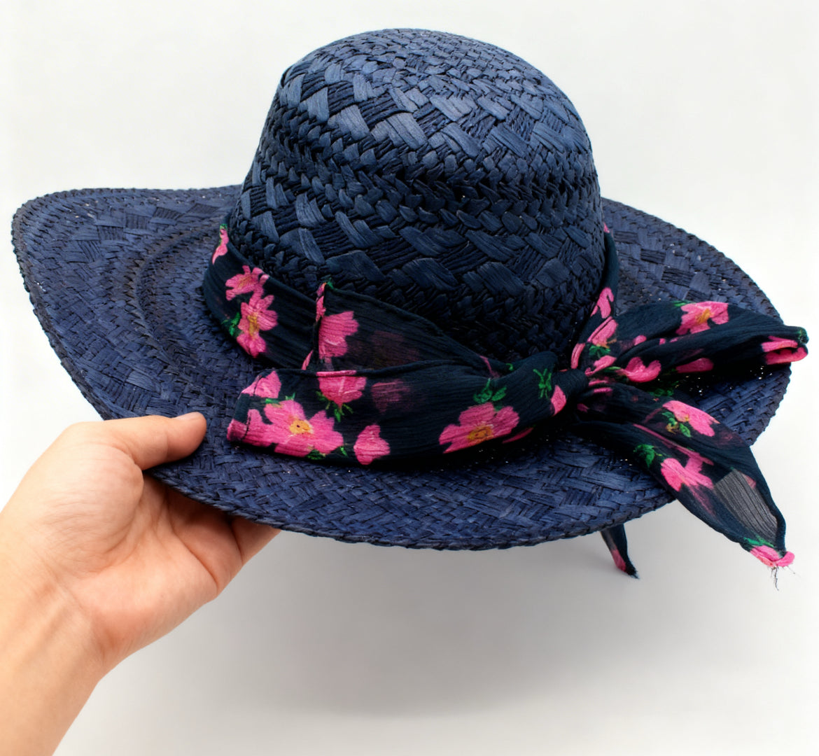 The Santorini — Wide Brim Navy Blue Straw Hat |… – handcrafted straw hat made in Italy, detail view 3 | Pokijomba Hats