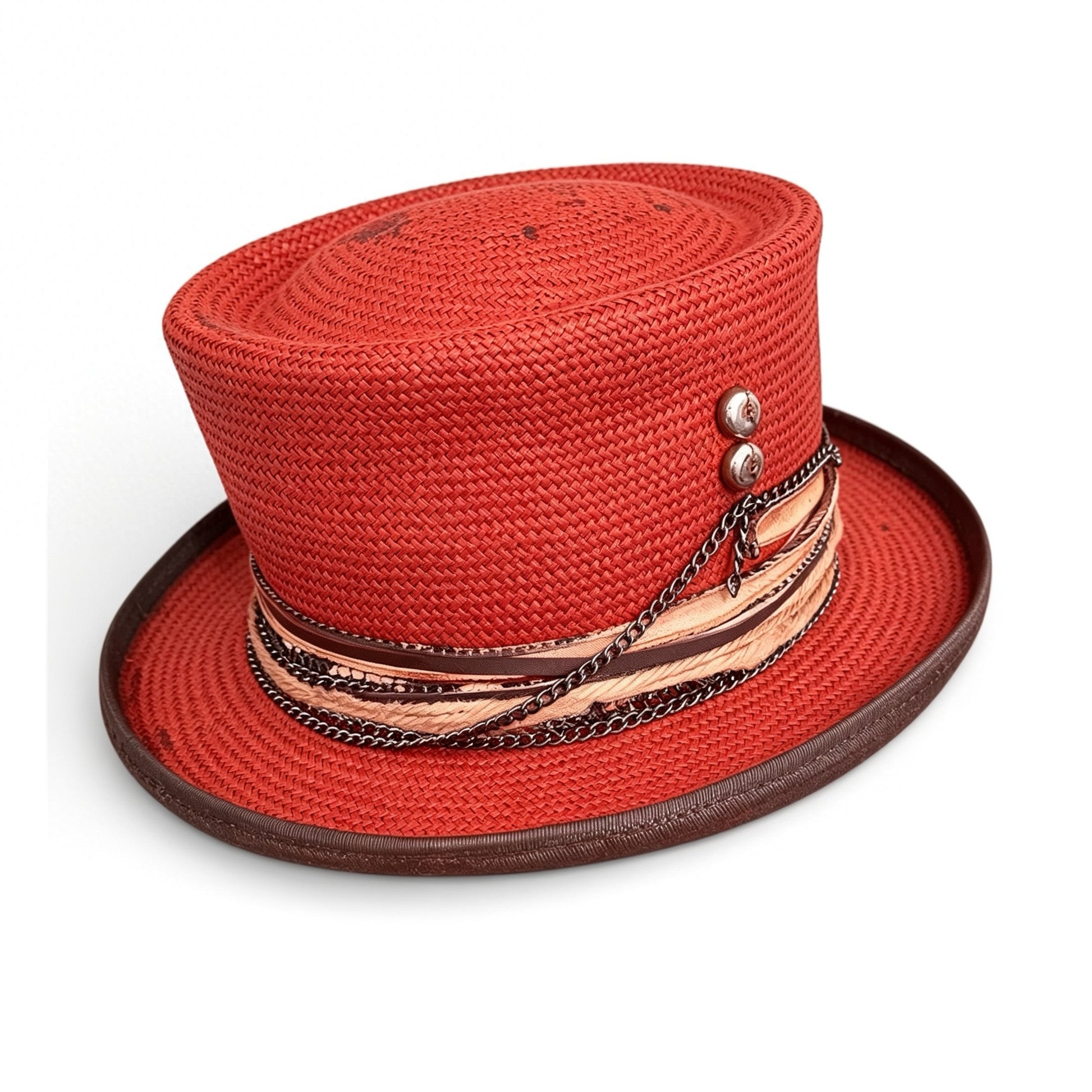 Red Straw Top Hat – Summer Rare Top Hat – handmade straw top hat by artisan Ruby Cantero, detail view 3 | Pokijomba Hats