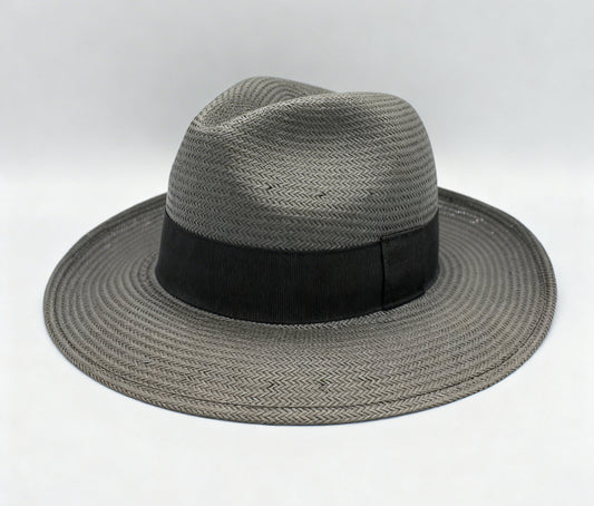 The Milano — Grey Herringbone Straw Fedora | Black Band – handcrafted straw hat made in Italy, detail view 4 | Pokijomba Hats