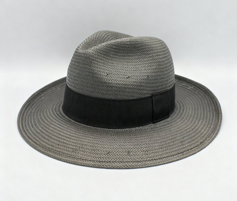 POKIS – Grey Herringbone Straw Fedora | Black Band | Made in Italy