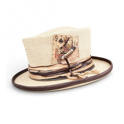 Beige Straw Top Hat – Summer Rare Top Hat – handmade straw top hat by artisan Ruby Cantero, detail view 2 | Pokijomba Hats