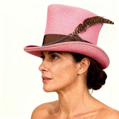 Pink Straw Top Hat – Elegant Summer Top Hat – handmade straw top hat by artisan Ruby Cantero | Pokijomba Hats