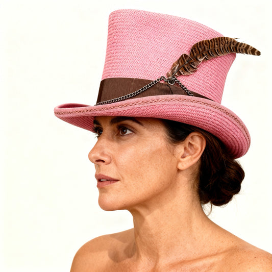 Pink Straw Top Hat – Elegant Summer Top Hat – handmade straw top hat by artisan Ruby Cantero | Pokijomba Hats