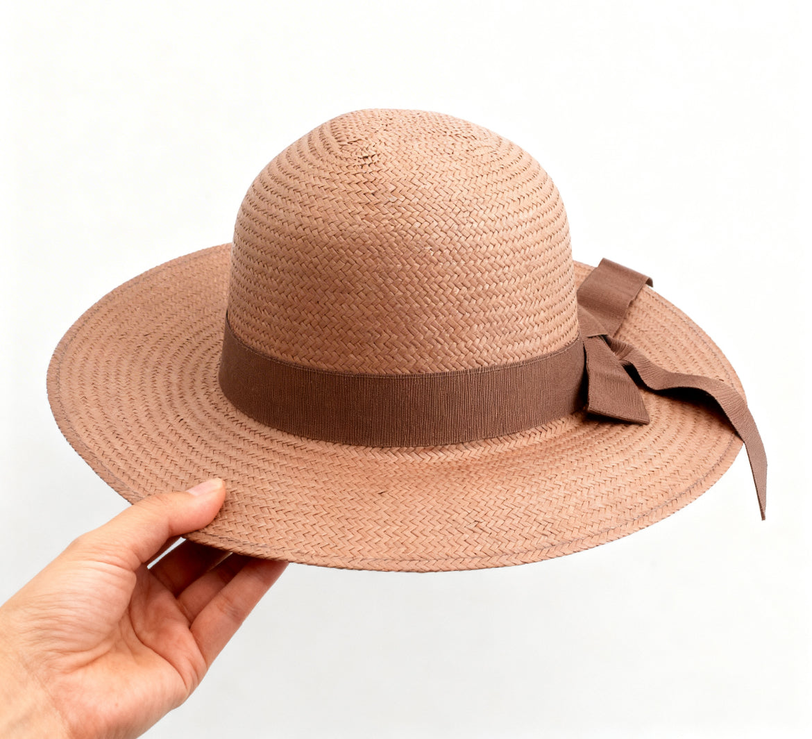 The Montpellier — Wide Brim Dusty Pink Straw Hat | Brown Grosgrain Bow | Made in Italy
