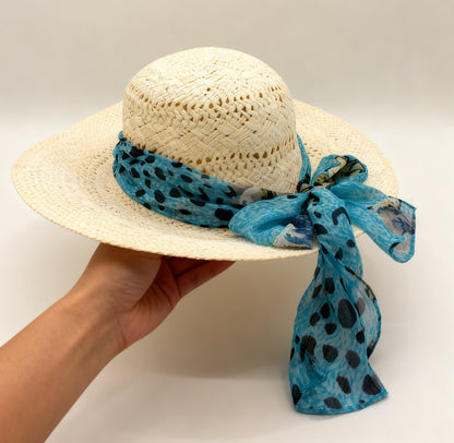 The Formentera — Wide Brim Cream Straw Hat | Turquoise Animal Print Silk Scarf | Made in Italy