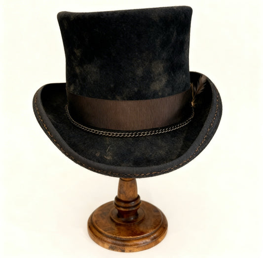 Percy – Edgy Distressed Wool Felt Top Hat – handmade wool felt top hat by artisan Ruby Cantero, detail view 5 | Pokijomba Hats