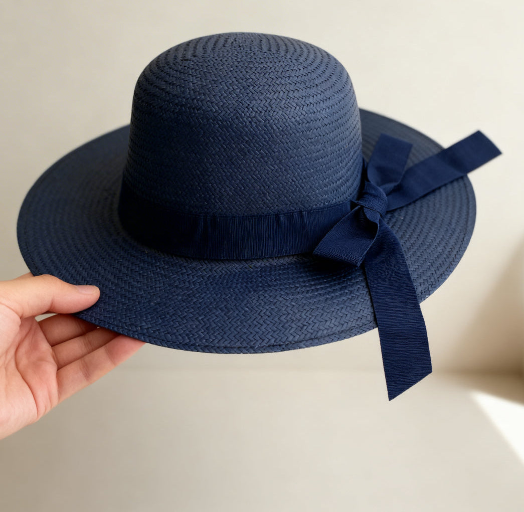 The Portofino — Wide Brim Navy Blue Straw Hat | Tonal Grosgrain Bow | Made in Italy