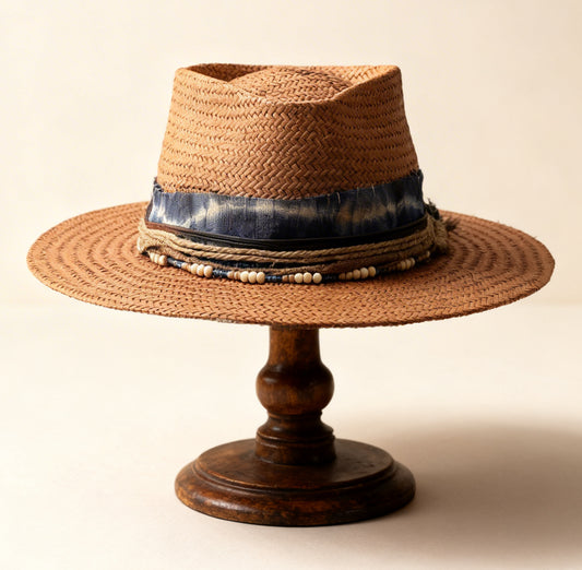 Deep Water – Straw Fedora Hat – handmade straw fedora hat by artisan Ruby Cantero, detail view 5 | Pokijomba Hats