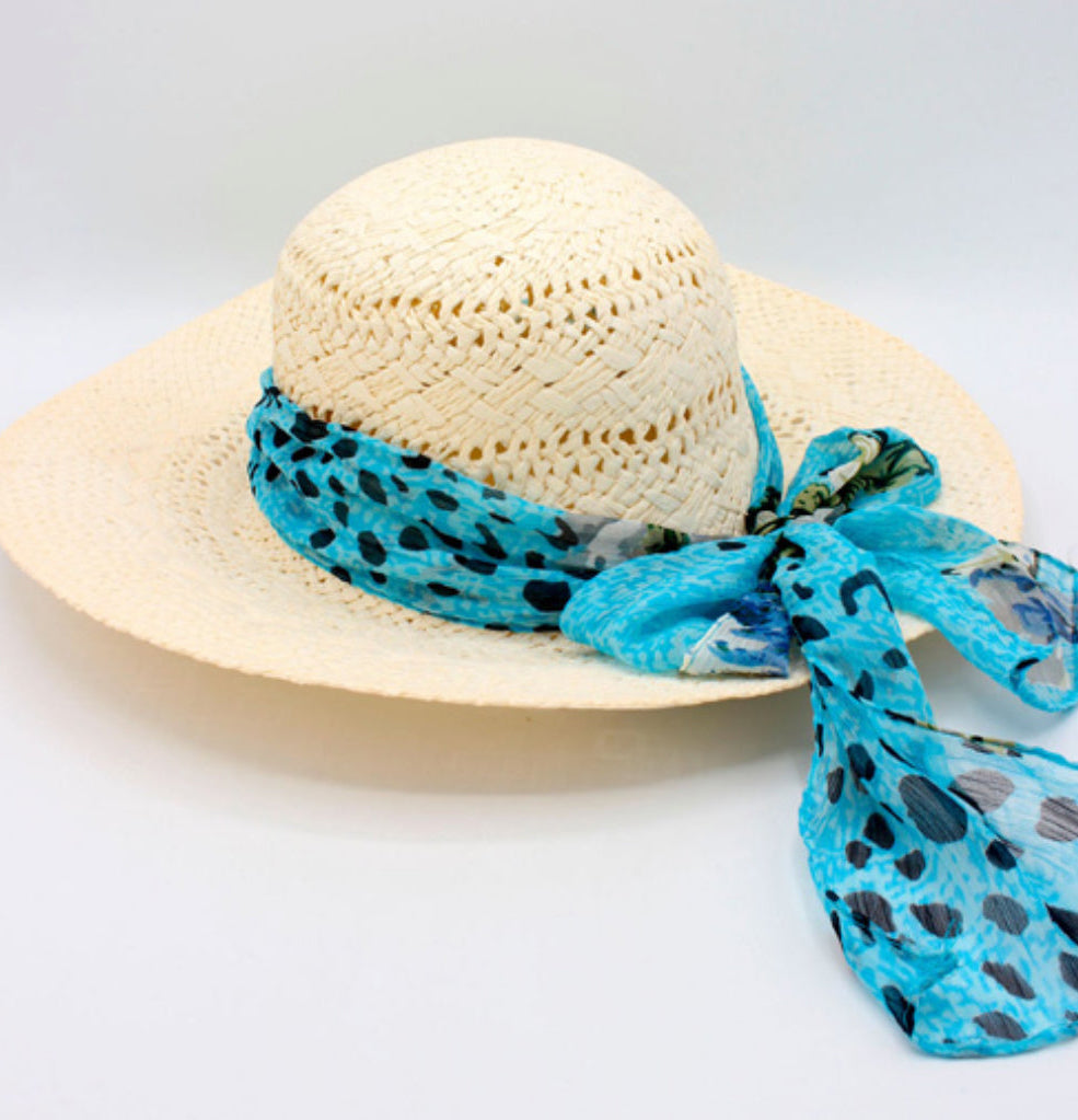 The Formentera — Wide Brim Cream Straw Hat | Turquoise Animal Print Silk Scarf | Made in Italy
