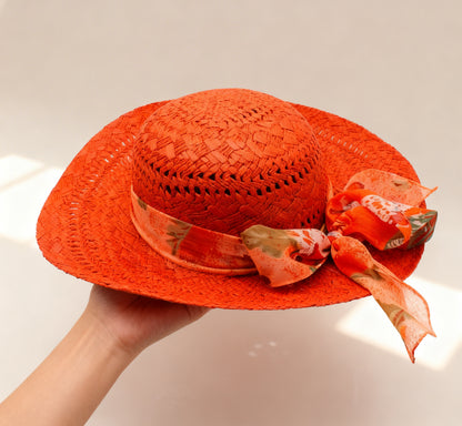 The Ibiza — Wide Brim Coral Red Straw Hat | Floral Silk Scarf | Made in Italy