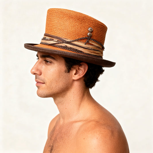 Orange Straw Top Hat – Summer Rare Top Hat – handmade straw top hat by artisan Ruby Cantero | Pokijomba Hats