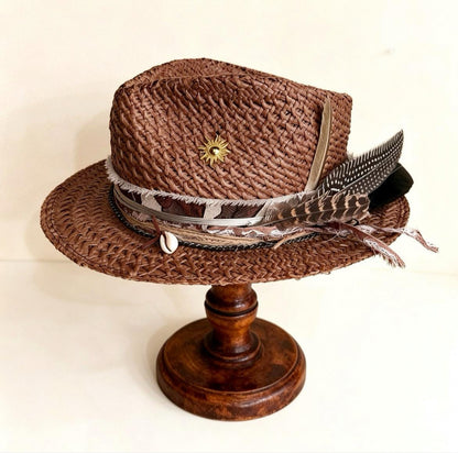 Straw Medium Brim Fedora Hat – Summer Hat – handmade straw fedora hat by artisan Ruby Cantero, detail view 3 | Pokijomba Hats