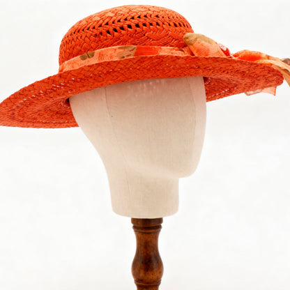 The Ibiza — Wide Brim Coral Red Straw Hat | Floral Silk Scarf | Made in Italy