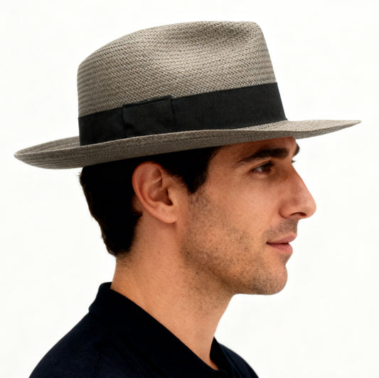 The Milano — Grey Herringbone Straw Fedora | Black Band | Made in Italy