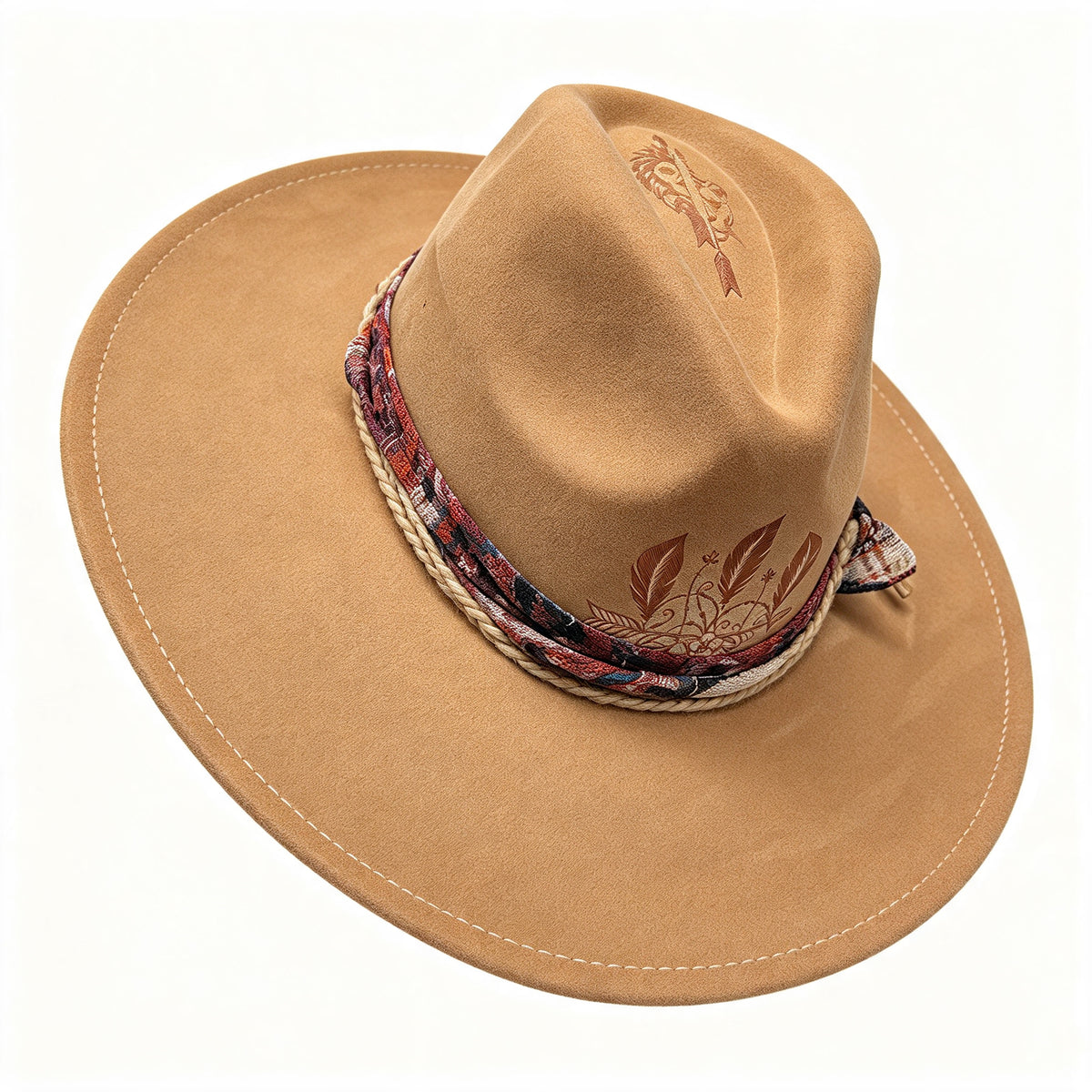 Dandelion – Wide Brim Suede Engraved Fedora Hat in Camel