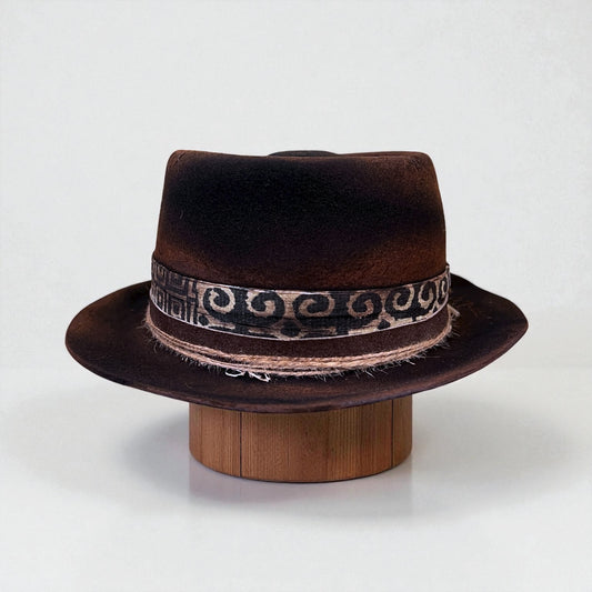 Porkpie Style – Black Bohemian Felt Hat – handmade wool felt top hat by artisan Ruby Cantero, detail view 7 | Pokijomba Hats