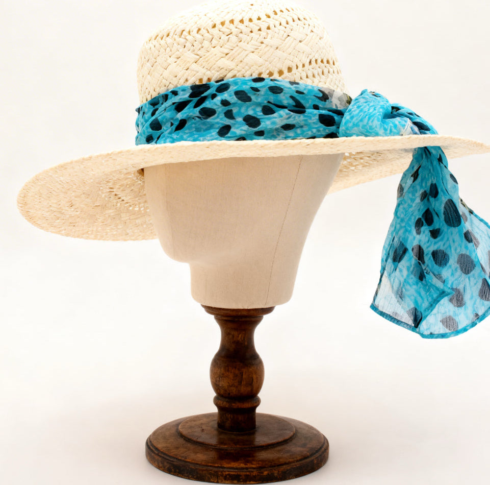 The Formentera — Wide Brim Cream Straw Hat | Turquoise Animal Print Silk Scarf | Made in Italy