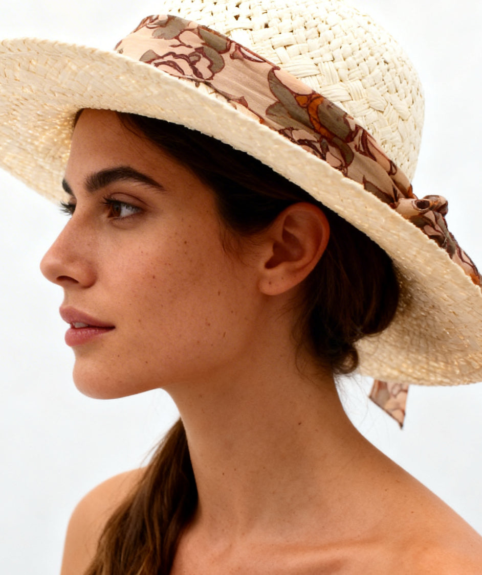 The Capri — Wide Brim Floppy Straw Hat | Floral… – handcrafted straw hat made in Italy, detail view 3 | Pokijomba Hats