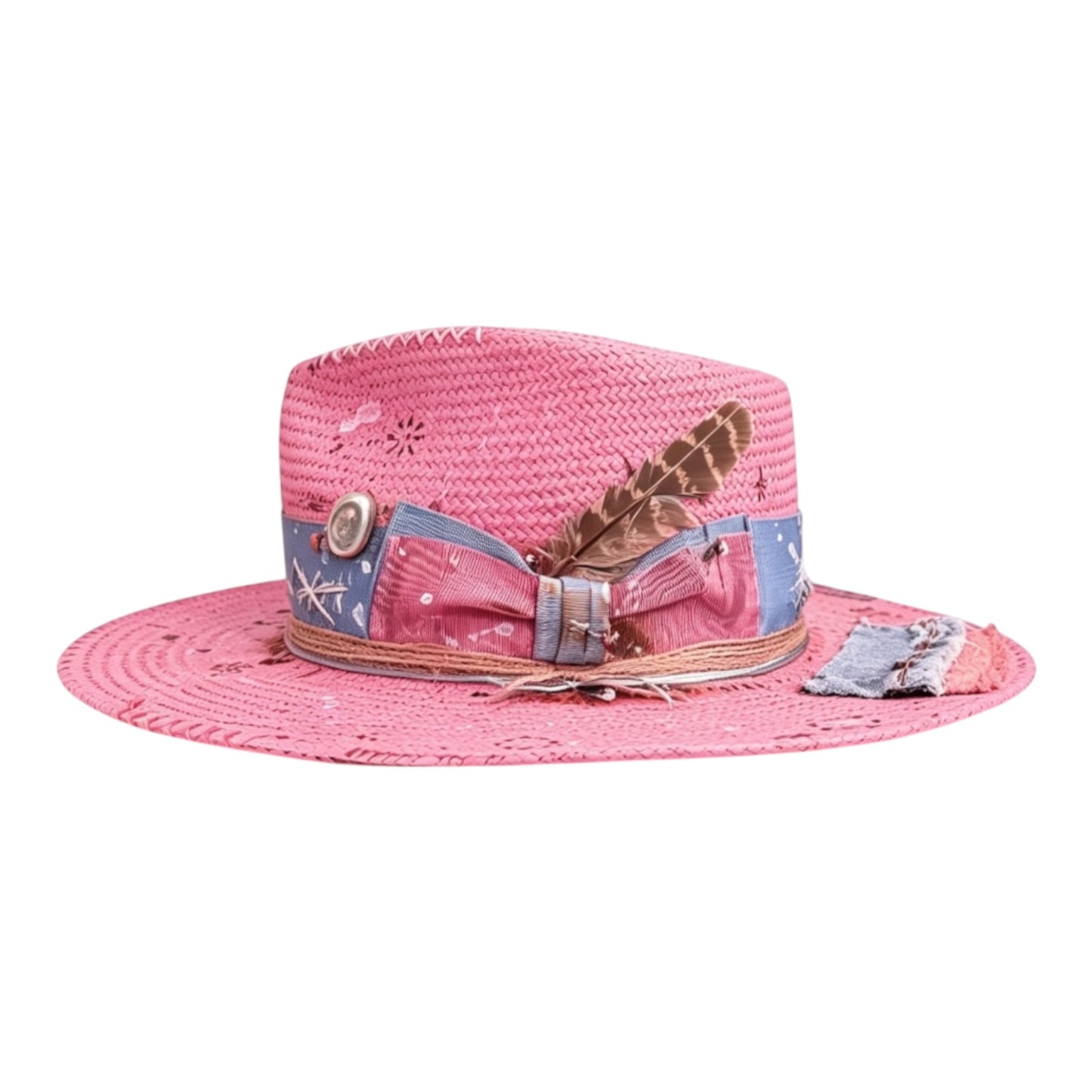 Wide Brim Pink Straw Hat – Artist – handmade straw wide brim hat by artisan Ruby Cantero, detail view 3 | Pokijomba Hats