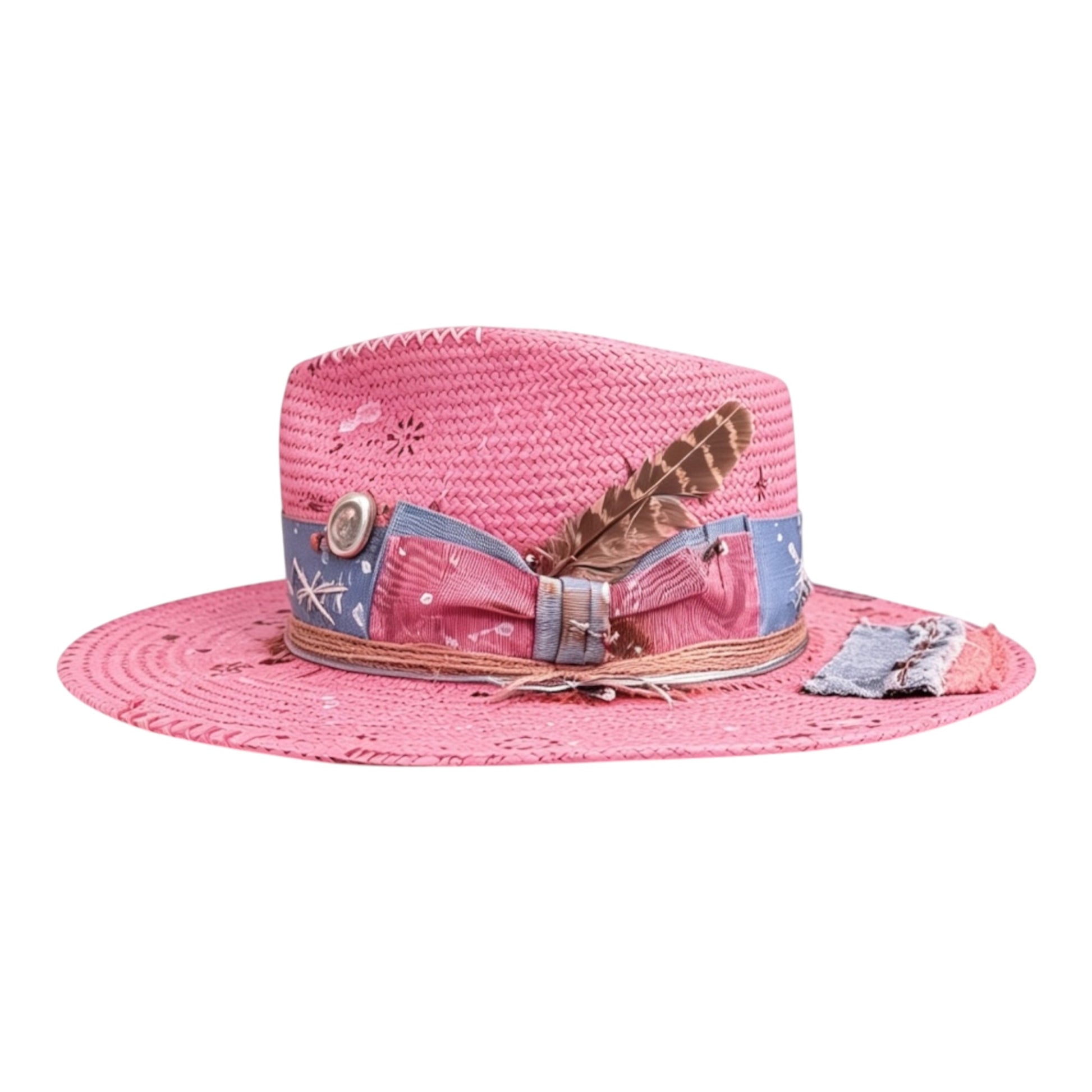 Wide Brim Pink Straw Hat – Artist – handmade straw wide brim hat by artisan Ruby Cantero, detail view 3 | Pokijomba Hats