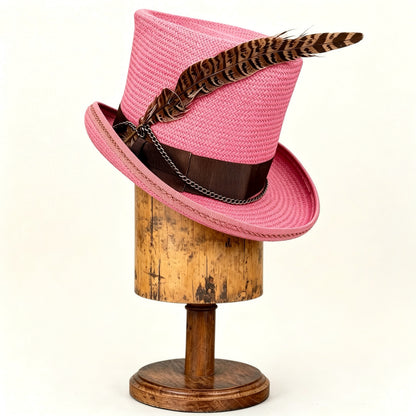 Pink Straw Top Hat – Elegant Summer Top Hat – handmade straw top hat by artisan Ruby Cantero, detail view 4 | Pokijomba Hats