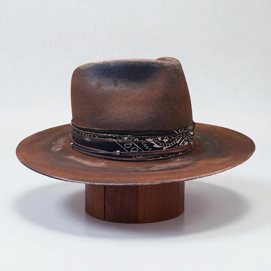 Bravon – Nomad Citizen Distressed Fedora Hat – handmade felt fedora hat, detail view 5 | Pokijomba Hats