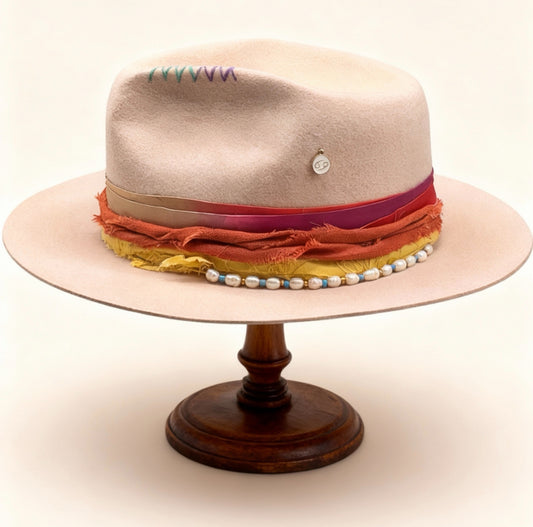 Constellation – Boho Fedora Hat – handmade handmade felt fedora hat by artisan Ruby Cantero, detail view 6 | Pokijomba Hats
