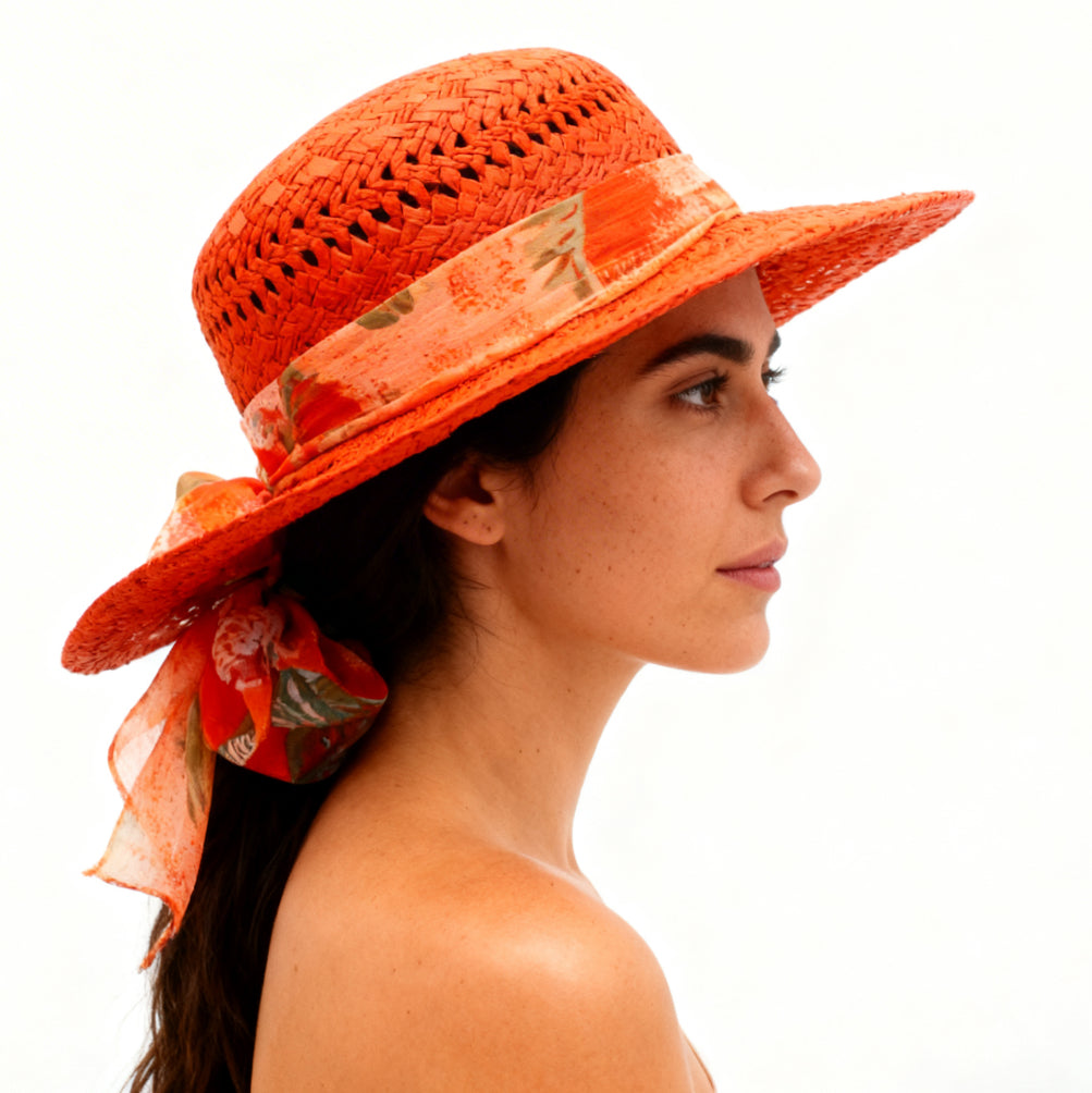 The Ibiza — Wide Brim Coral Red Straw Hat | Floral Silk Scarf | Made in Italy