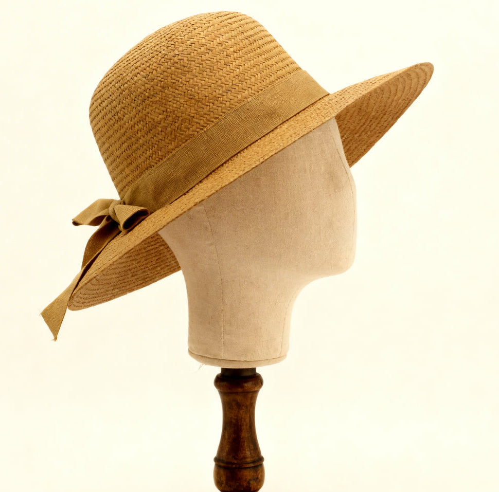 The Amalfi — Wide Brim Honey Camel Straw Hat | Tonal Grosgrain Bow | Made in Italy