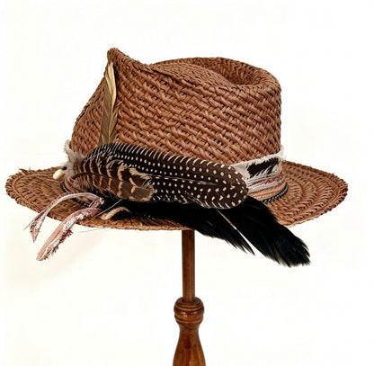 Straw Medium Brim Fedora Hat – Summer Hat – handmade straw fedora hat by artisan Ruby Cantero, detail view 4 | Pokijomba Hats