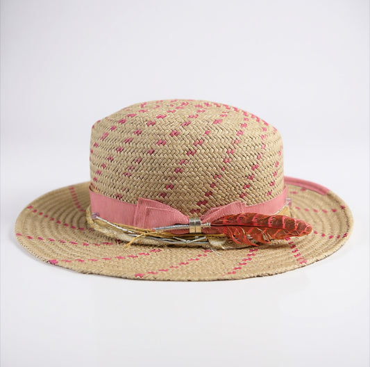 Serena – Lightweight Pink-Trimmed Straw Fedora Hat – handmade straw fedora hat by artisan Ruby Cantero, detail view 4 | Pokijomba Hats
