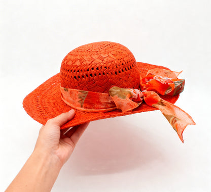 The Ibiza — Wide Brim Coral Red Straw Hat | Floral Silk Scarf | Made in Italy
