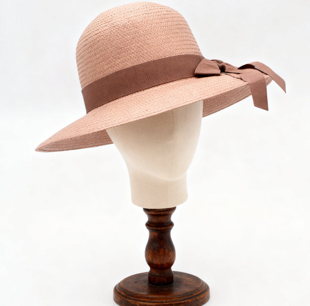 The Montpellier — Wide Brim Dusty Pink Straw Hat | Brown Grosgrain Bow | Made in Italy