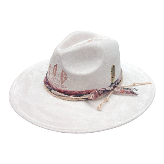 Dandelion – Wide Brim Suede Engraved Fedora Hat in Ivory