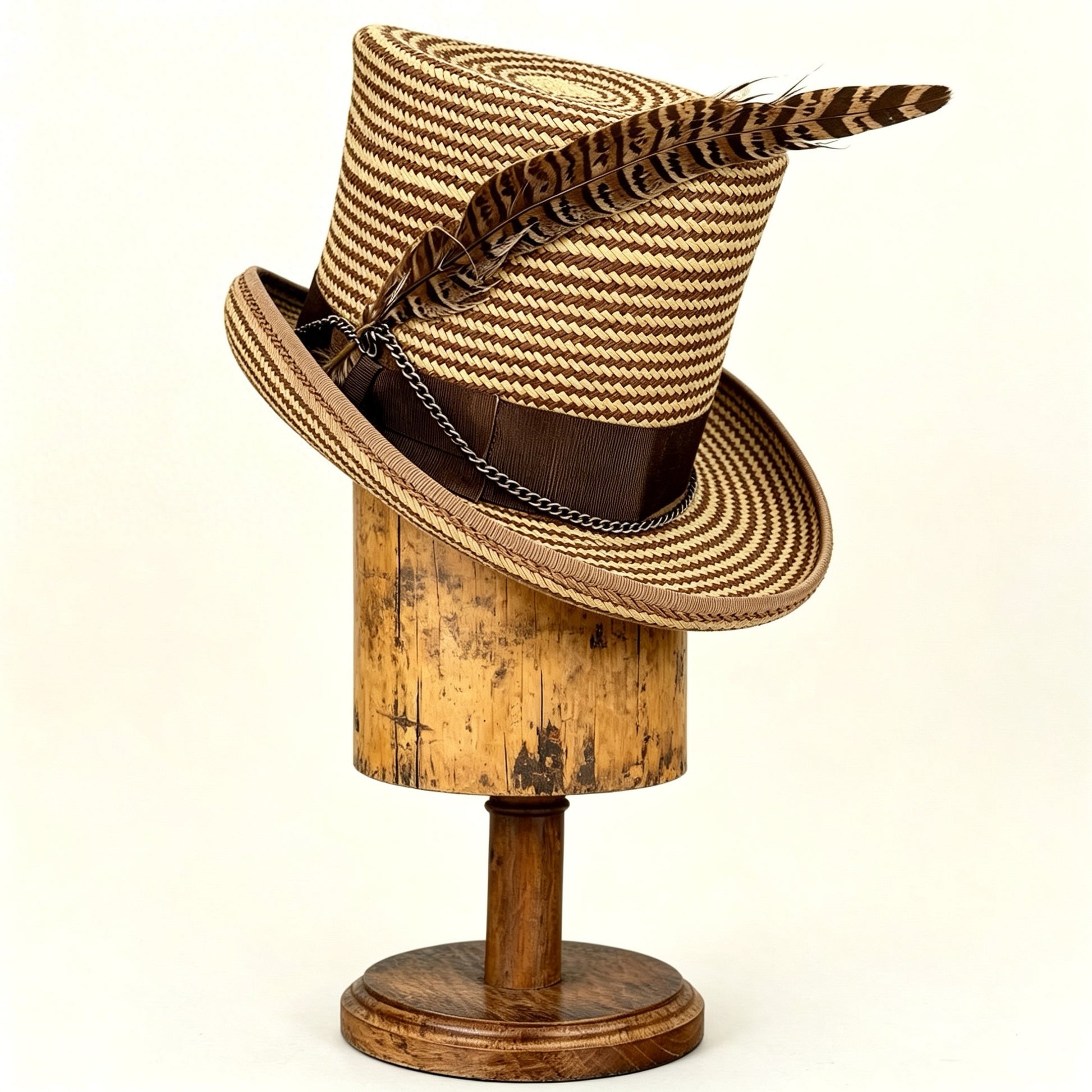 Striped Straw Top Hat – Elegant Summer Top Hat – handmade straw top hat by artisan Ruby Cantero, detail view 2 | Pokijomba Hats