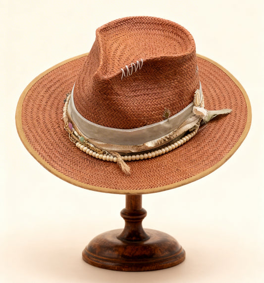 Mykonos – Straw Fedora Hat – handmade straw fedora hat by artisan Ruby Cantero, detail view 3 | Pokijomba Hats