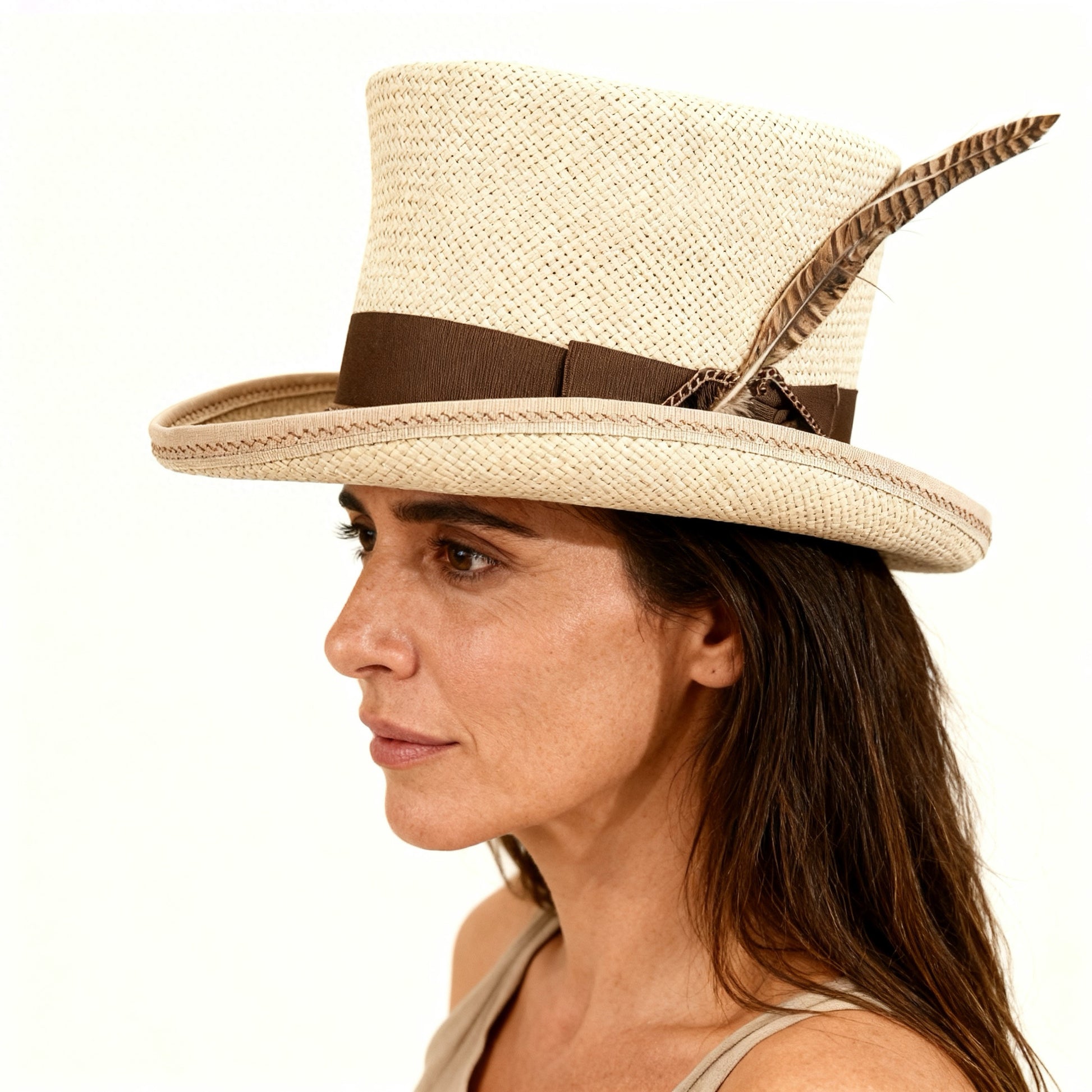 Beige Straw Top Hat – Elegant Summer Top Hat – handmade straw top hat by artisan Ruby Cantero, detail view 6 | Pokijomba Hats