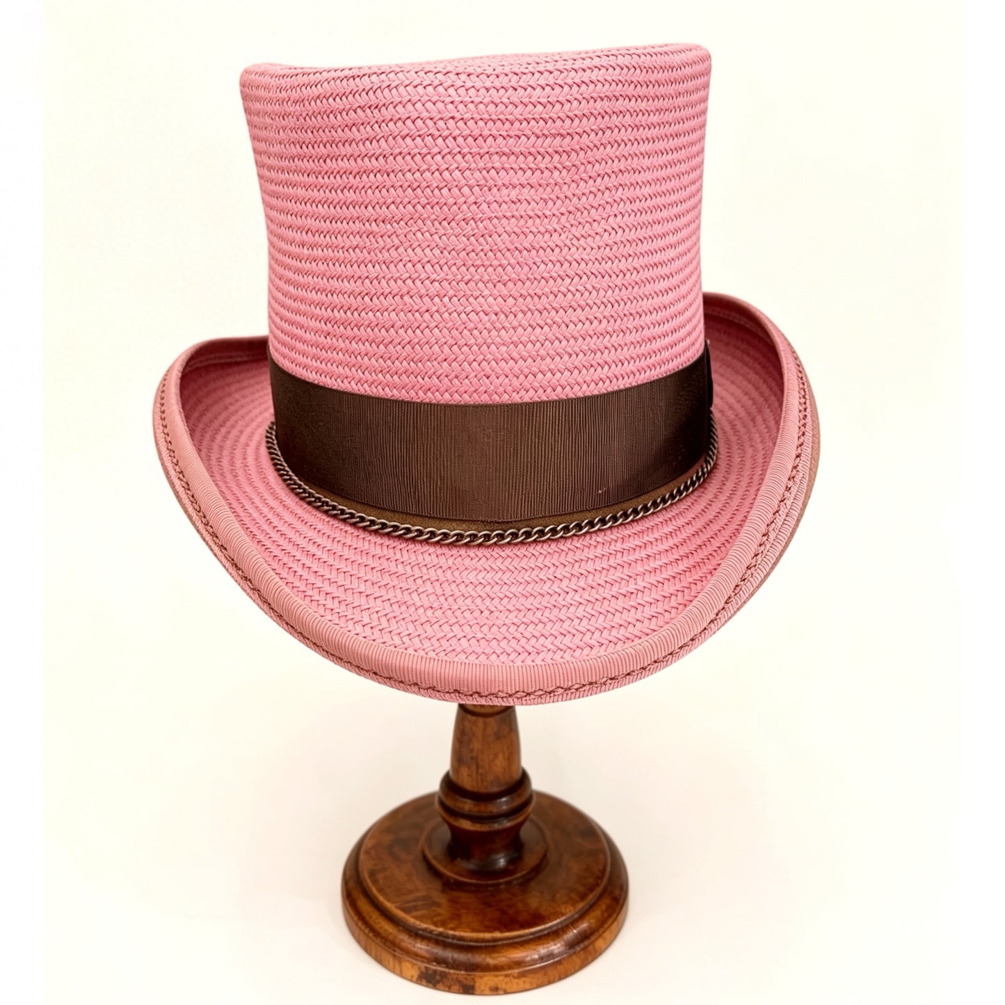 Pink Straw Top Hat – Elegant Summer Top Hat – handmade straw top hat by artisan Ruby Cantero, detail view 3 | Pokijomba Hats