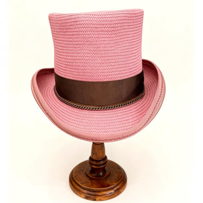 Pink Straw Top Hat – Elegant Summer Top Hat – handmade straw top hat by artisan Ruby Cantero, detail view 3 | Pokijomba Hats