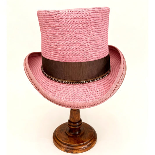 Pink Straw Top Hat – Elegant Summer Top Hat – handmade straw top hat by artisan Ruby Cantero, detail view 3 | Pokijomba Hats