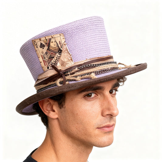 Purple Straw Top Hat – Summer Rare Top Hat – handmade straw top hat by artisan Ruby Cantero | Pokijomba Hats
