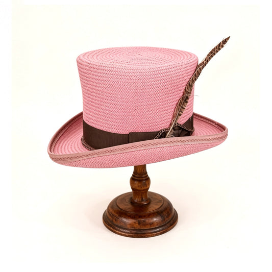 Pink Straw Top Hat – Elegant Summer Top Hat – handmade straw top hat by artisan Ruby Cantero, detail view 2 | Pokijomba Hats