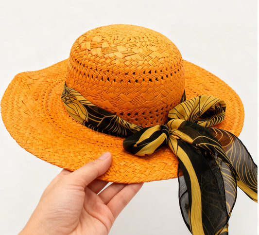 The Marrakech — Wide Brim Orange Straw Hat | Tropical Silk Scarf | Made in Italy