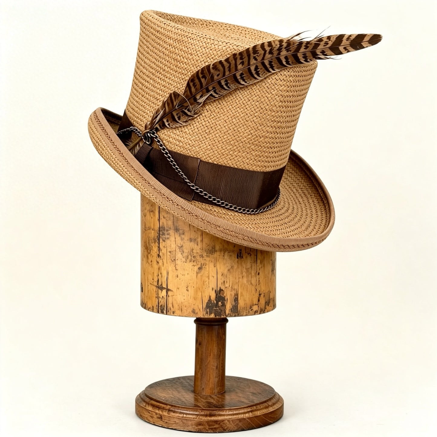 Brown Straw Top Hat – Elegant Summer Top Hat – handmade straw top hat by artisan Ruby Cantero, detail view 3 | Pokijomba Hats