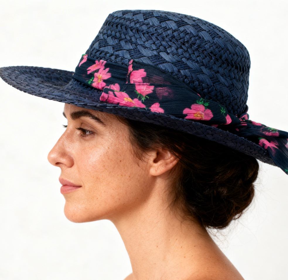 The Santorini — Wide Brim Navy Blue Straw Hat |… – handcrafted straw hat made in Italy, detail view 2 | Pokijomba Hats