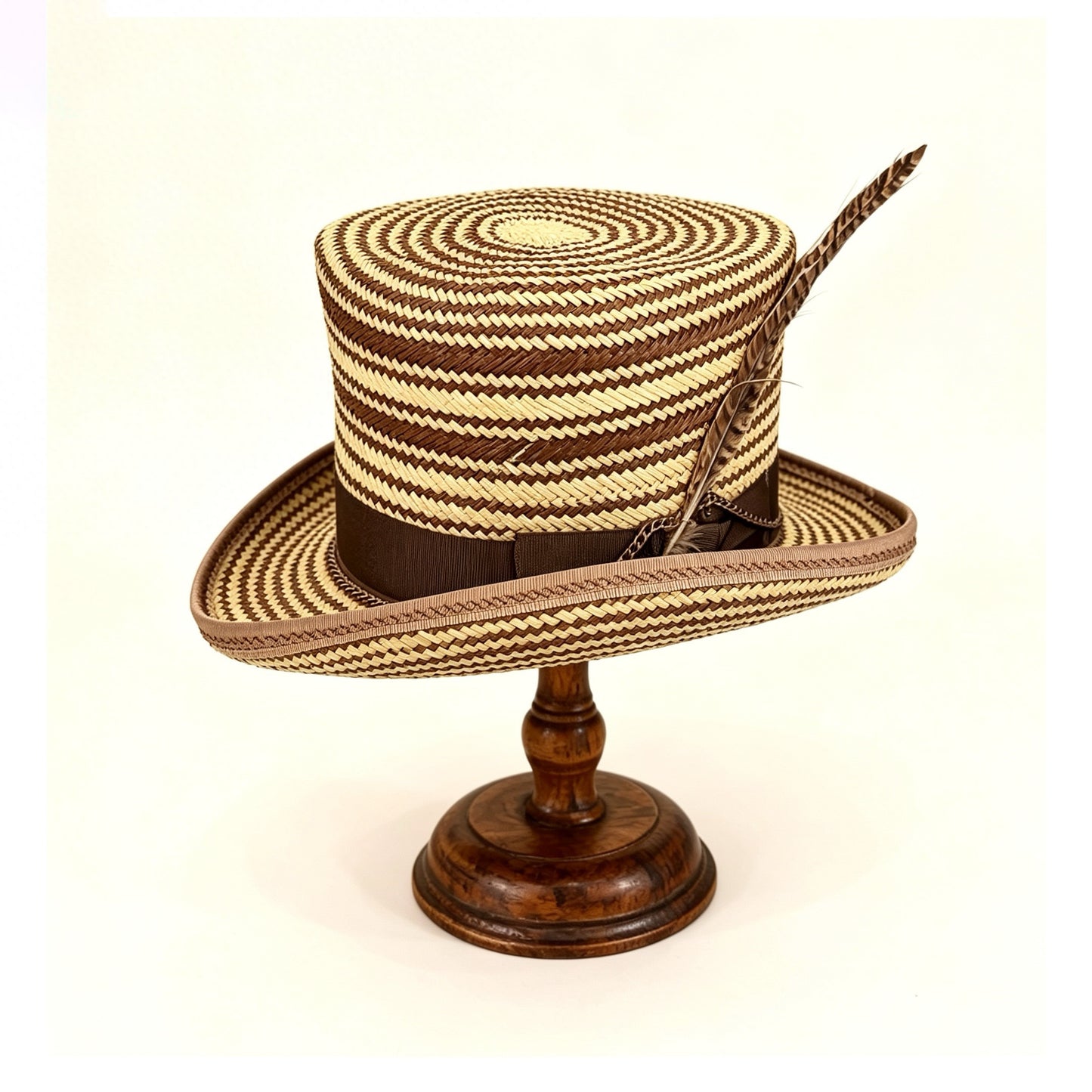 Striped Straw Top Hat – Elegant Summer Top Hat – handmade straw top hat by artisan Ruby Cantero, detail view 3 | Pokijomba Hats