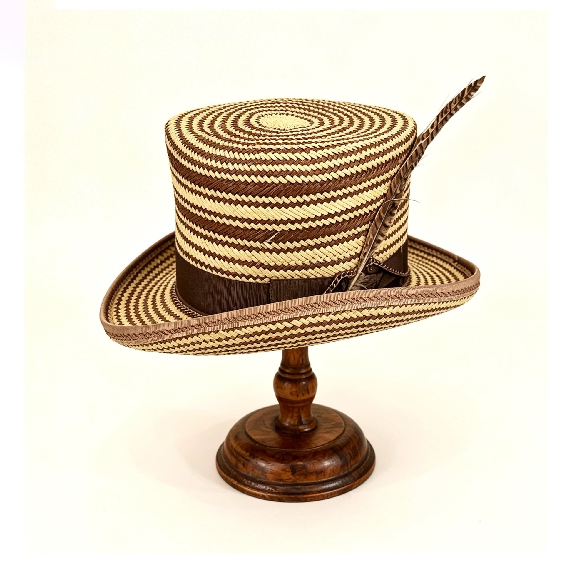 Striped Straw Top Hat – Elegant Summer Top Hat – handmade straw top hat by artisan Ruby Cantero, detail view 3 | Pokijomba Hats