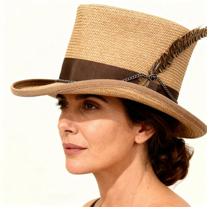 Brown Straw Top Hat – Elegant Summer Top Hat – handmade straw top hat by artisan Ruby Cantero, detail view 2 | Pokijomba Hats